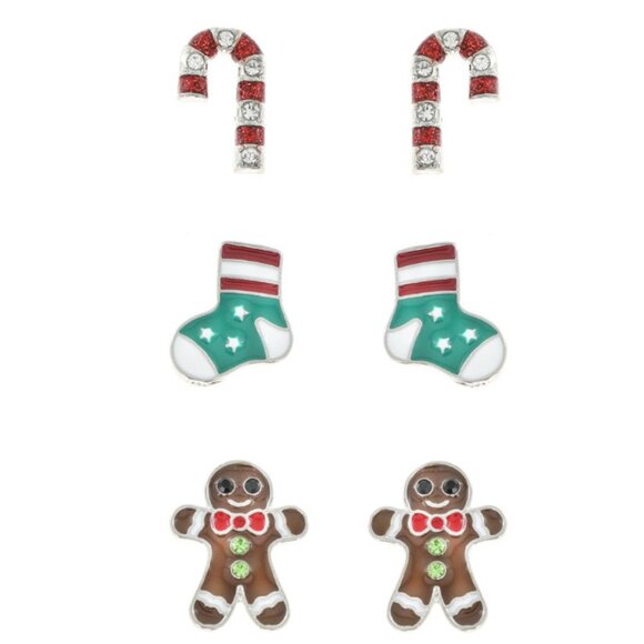 3-Pair Christmas Holiday Stud Earrings Set Candy Cane, Gingerbread Man Christmas - Picture 2 of 2